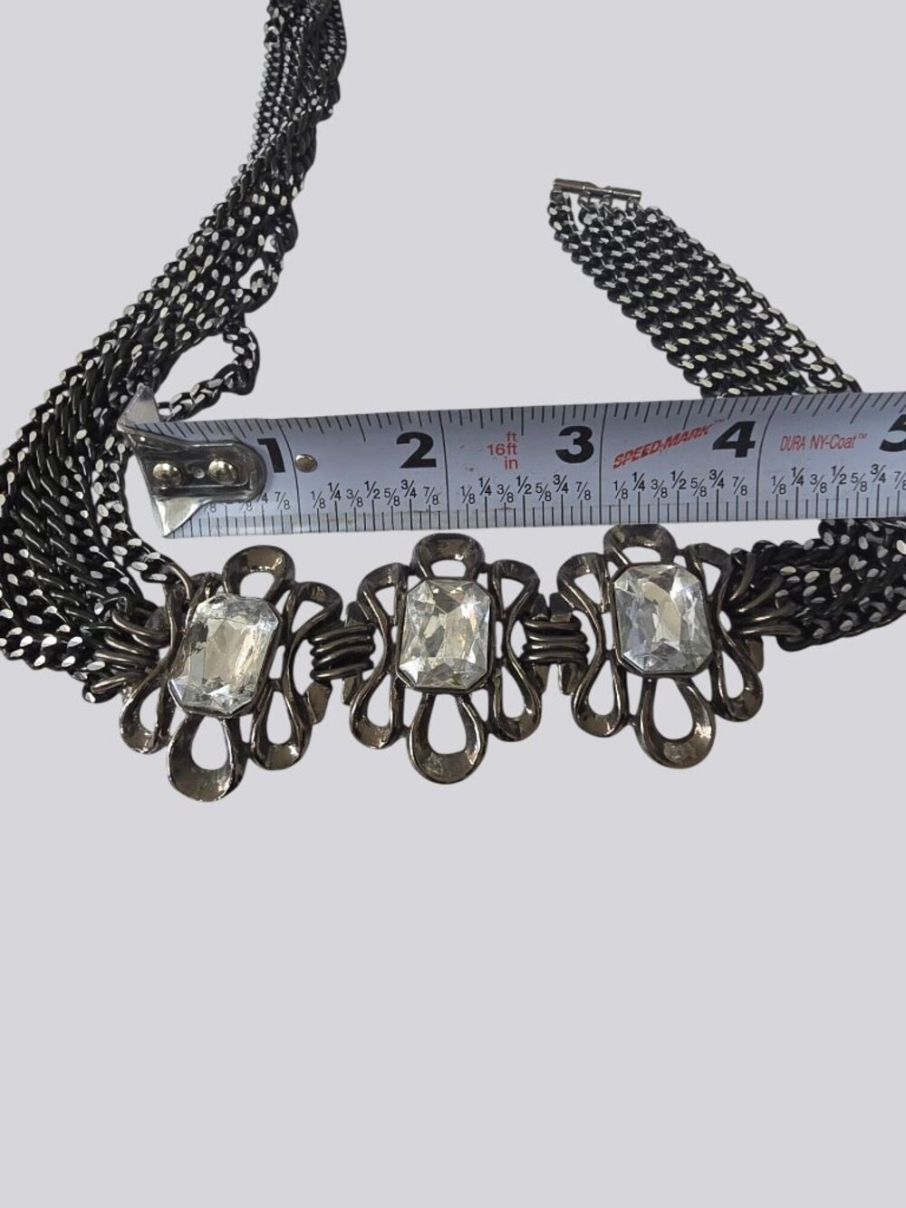 Vintage-Style Black Multi-Chain Necklace With Clear Rhinestone Accents - Picture 16 of 16